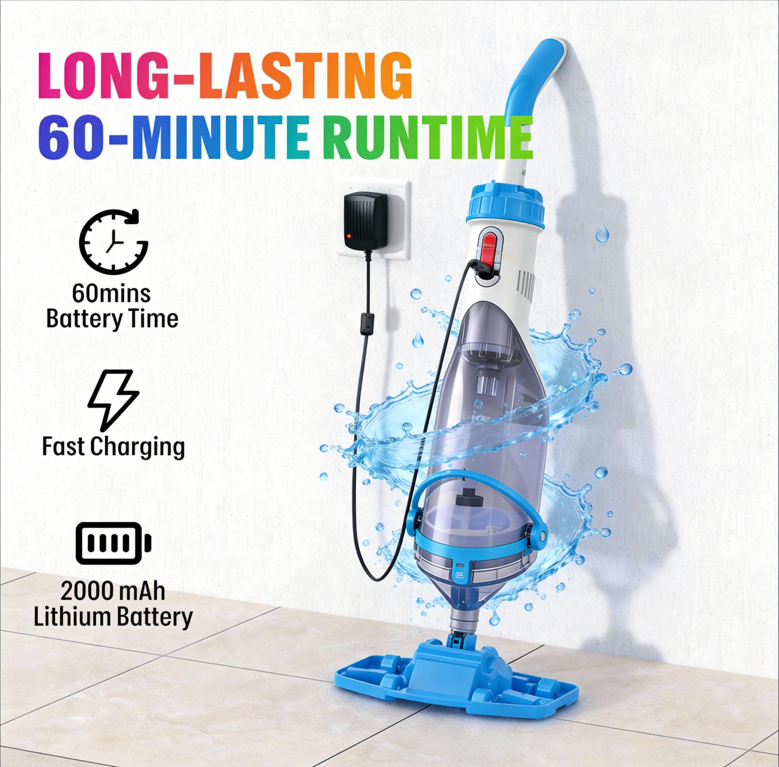 Handheld Pool Vacuum Quick charge & 80min Longer Continous Running Time Cordless