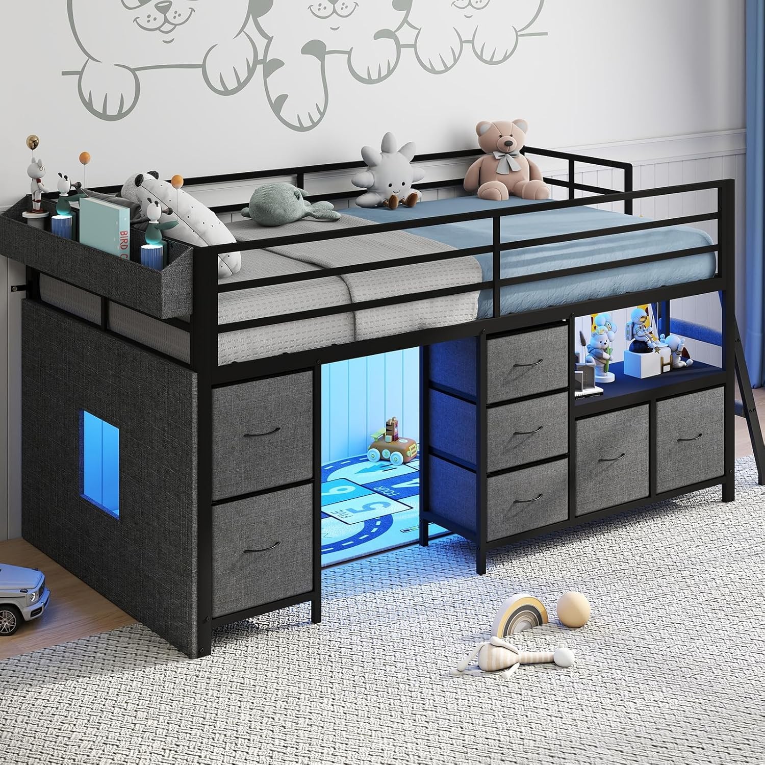 Twin Low Loft Bed with 7 Storage Drawers, Bookcase and LED Lights, Metal Kids
