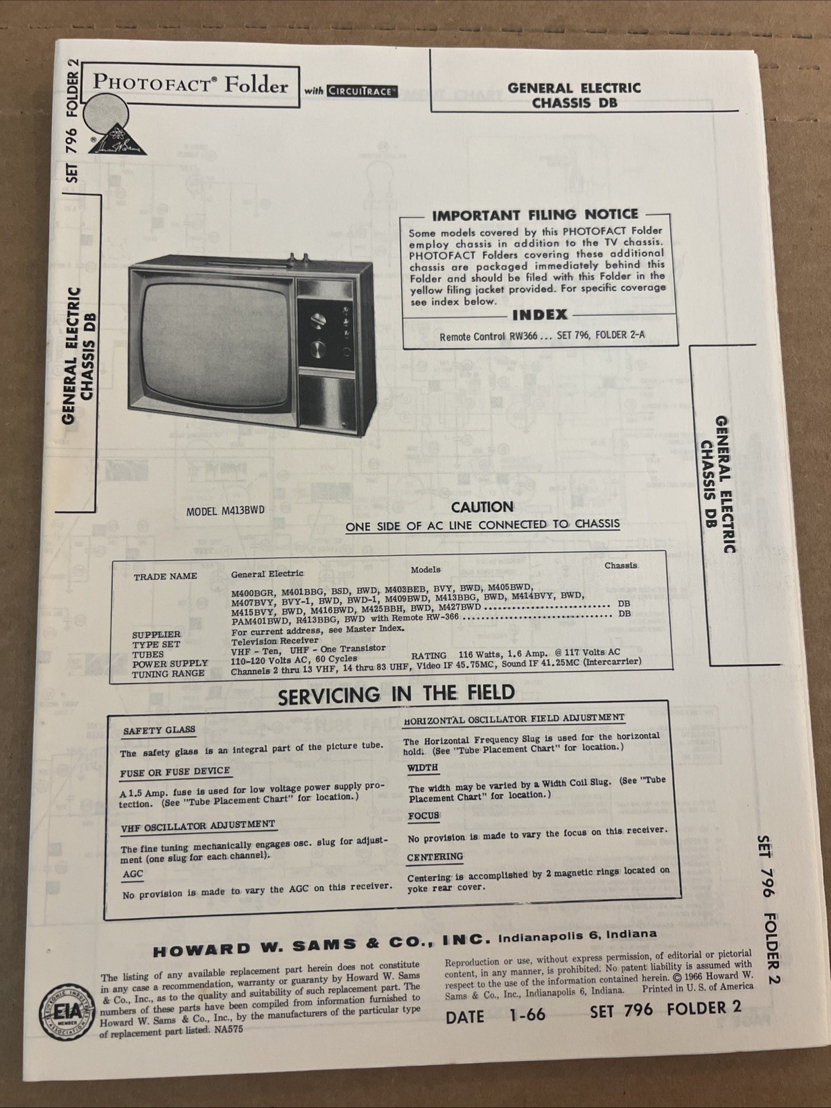 Vintage Sams Photofact Schematic 1-1966 GENERAL ELECTRIC CHASSIS DB