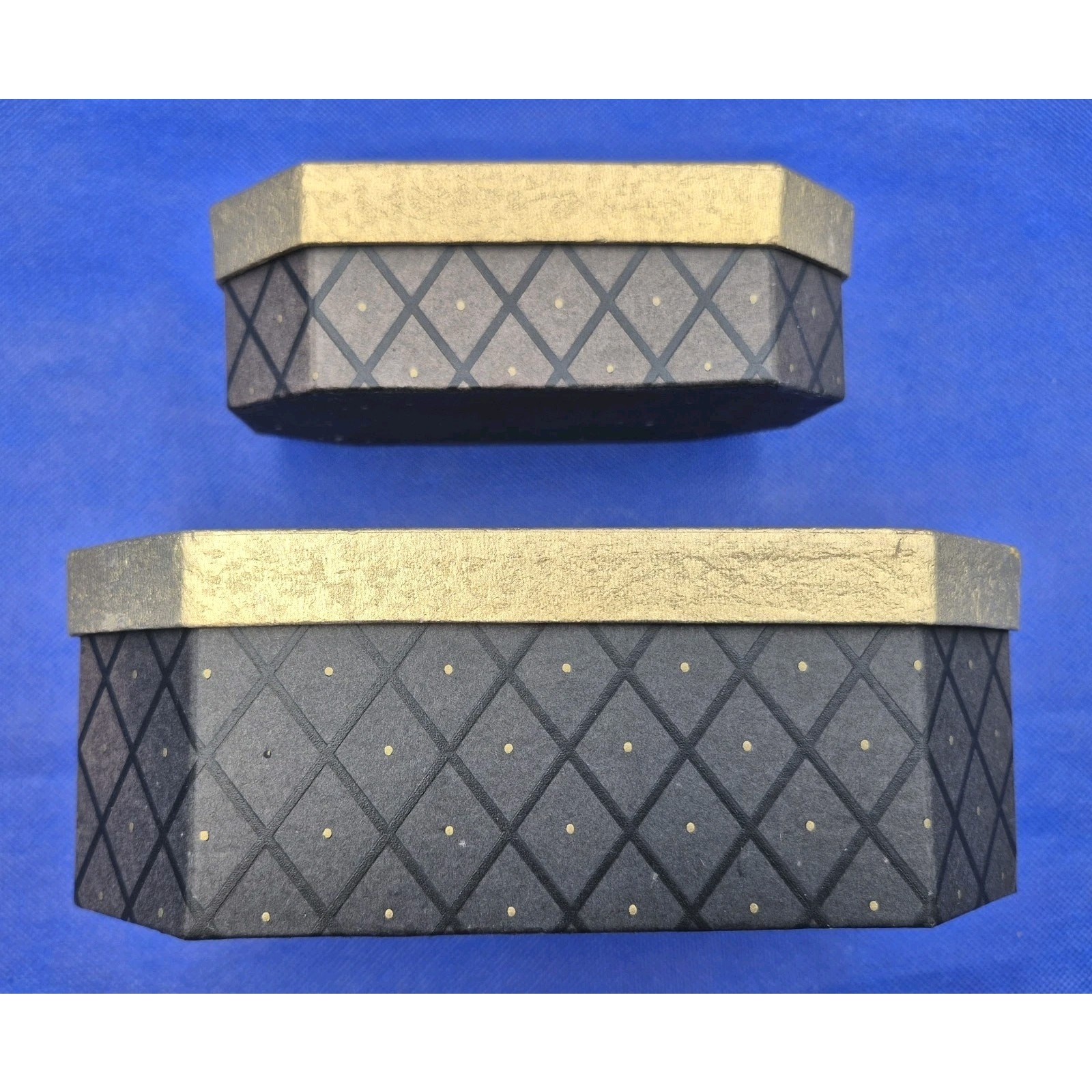 Two Vintage Black/Gold Octagonal Cardboard Nesting Boxes 6.5" and 8.5 "