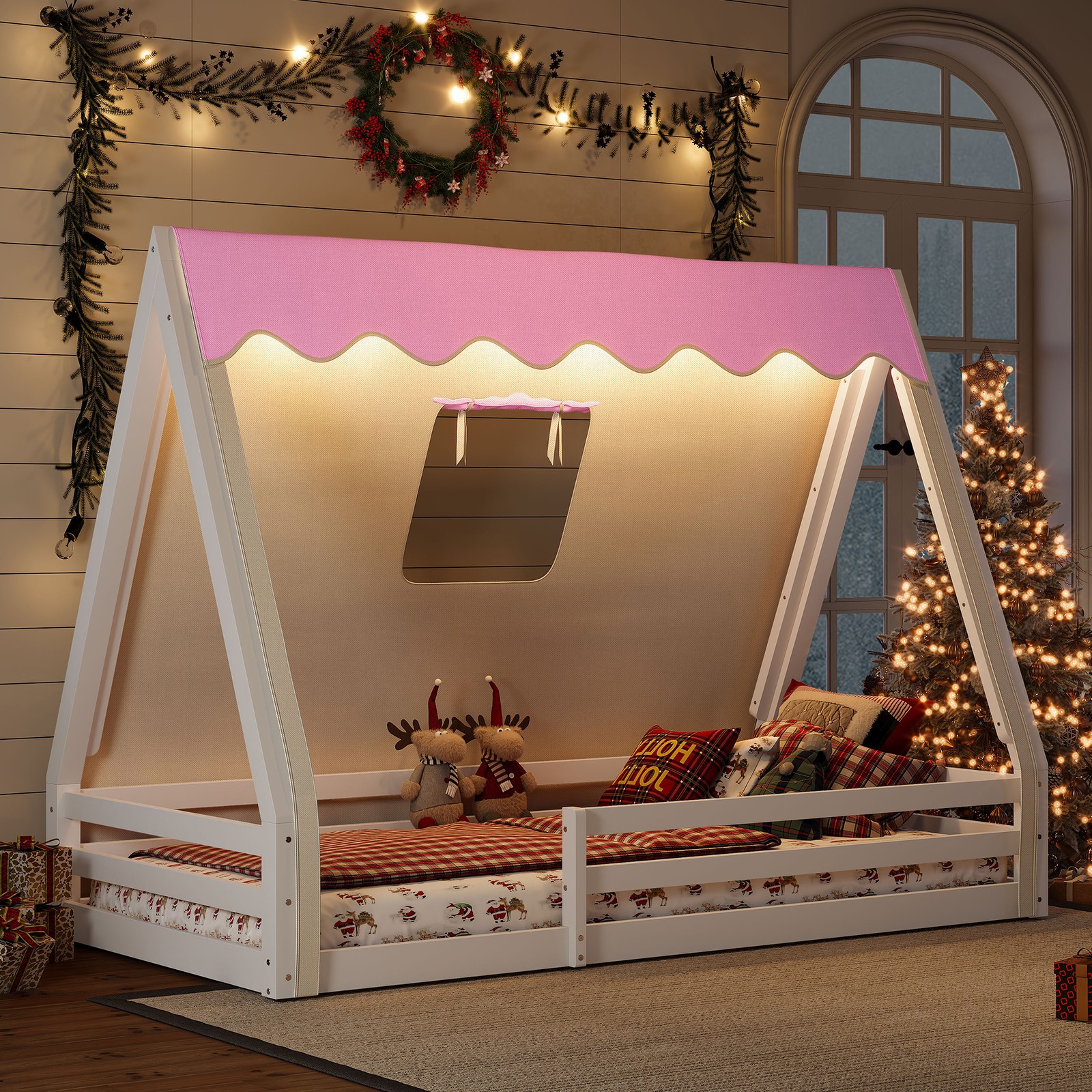 Twin Size House Floor Bed with Tent and Light,Wood Teepee Floor Bed w/Guardrails