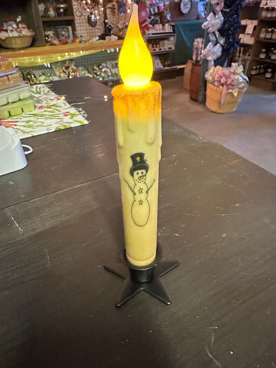Snowman w/ Star Buttons 7" - Battery Taper Candle