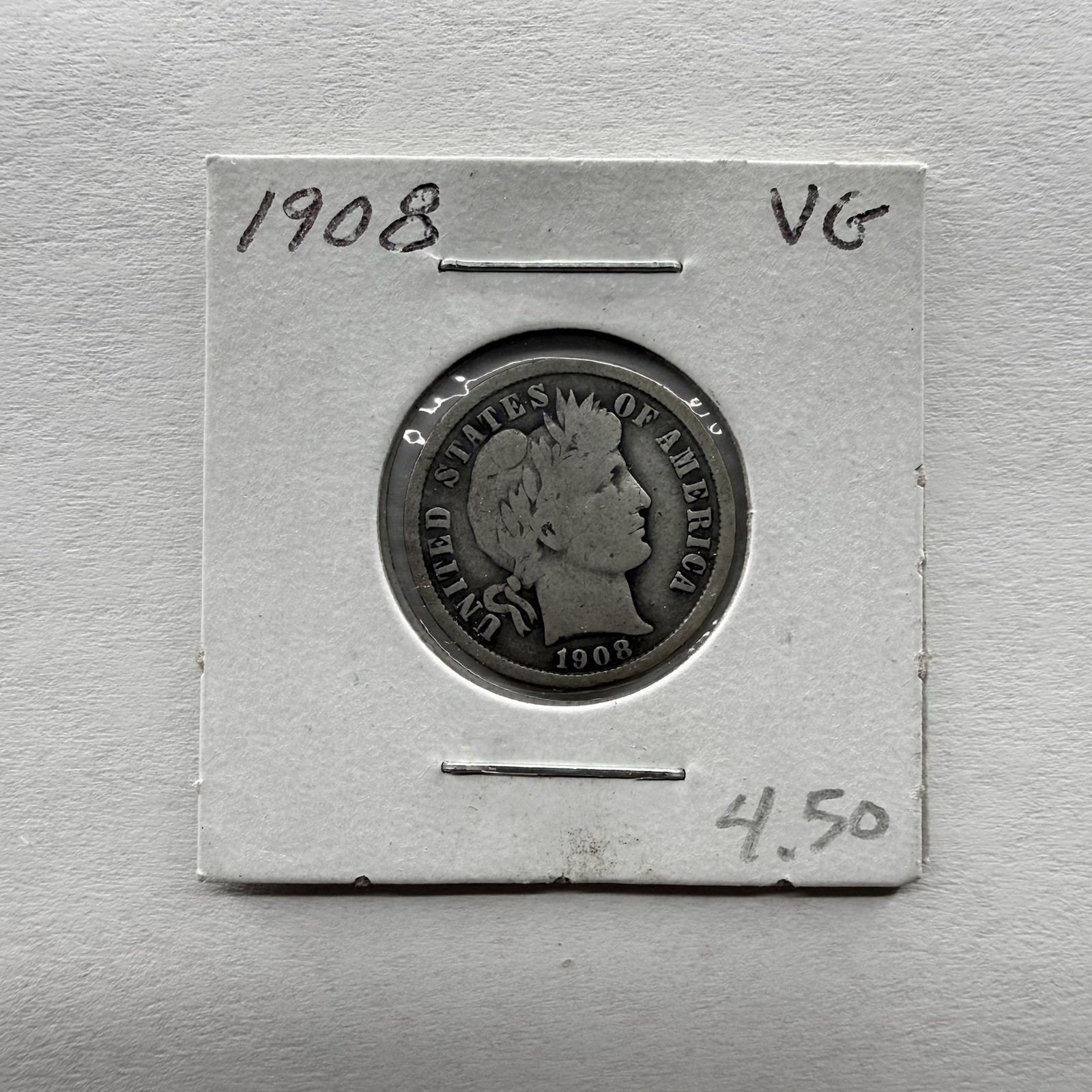 1908-P Barber Dime 10C SILVER - Very Good (VG)