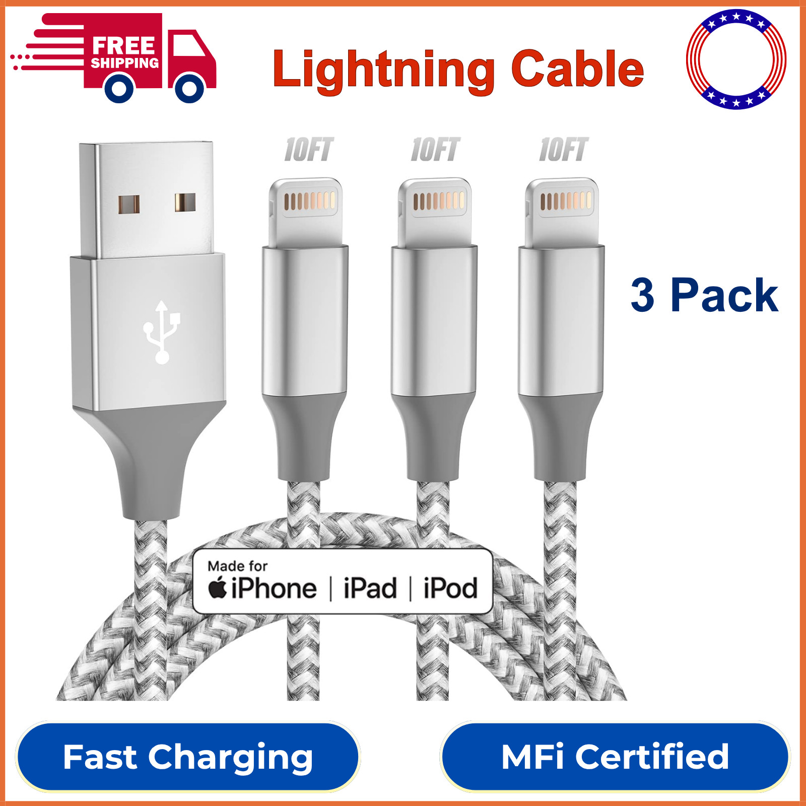 iPhone Charger 3Pack 10FT Apple MFi Certified Long Lightning Cable Fast Charging