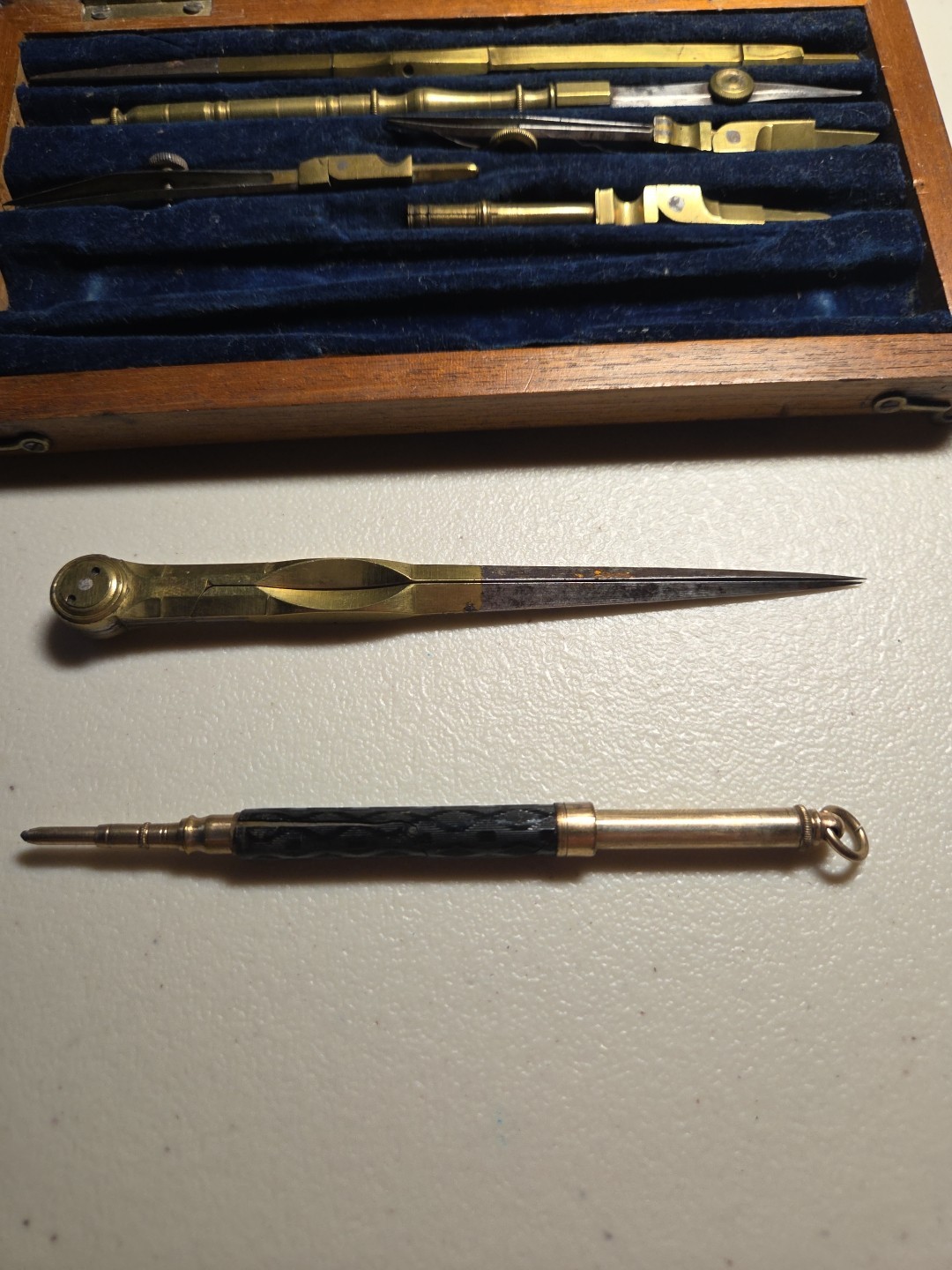 Antique Technical Mathematical Drawing Instruments Set Geometry in Wood Box