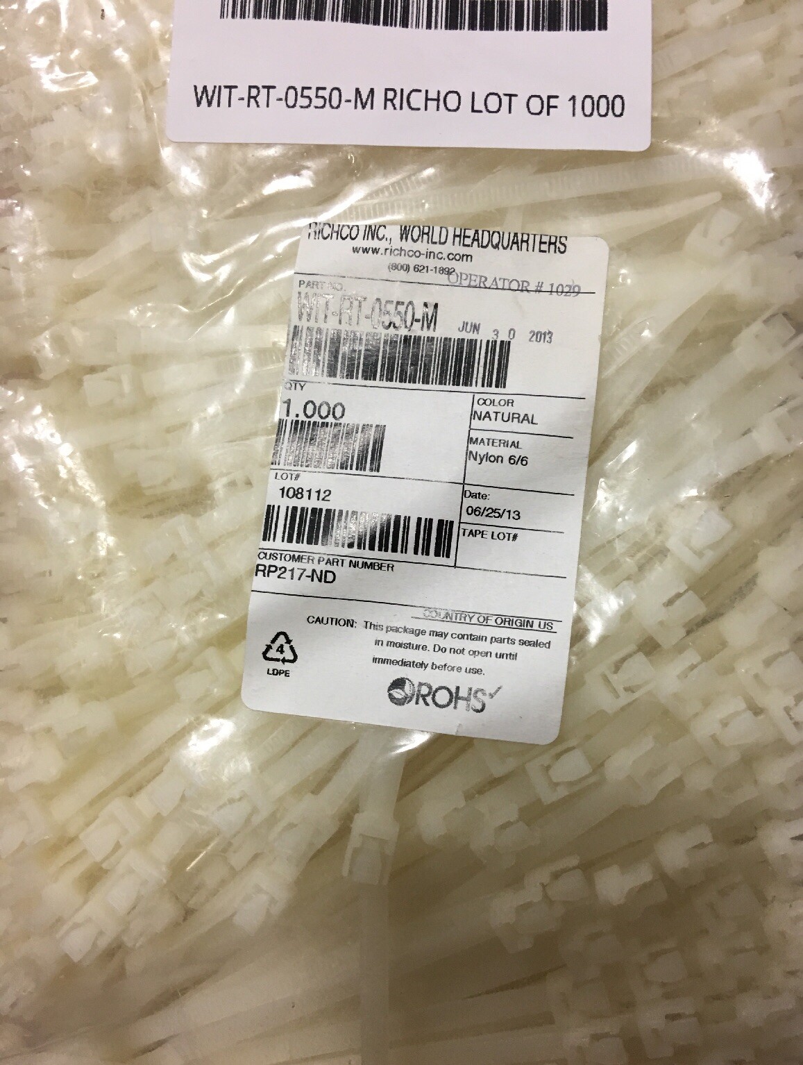 WIT-RT-0550-M RICHCO LOT OF 1000 CABLE TIE RELEASE NAT 5.5" LOT OF 1000