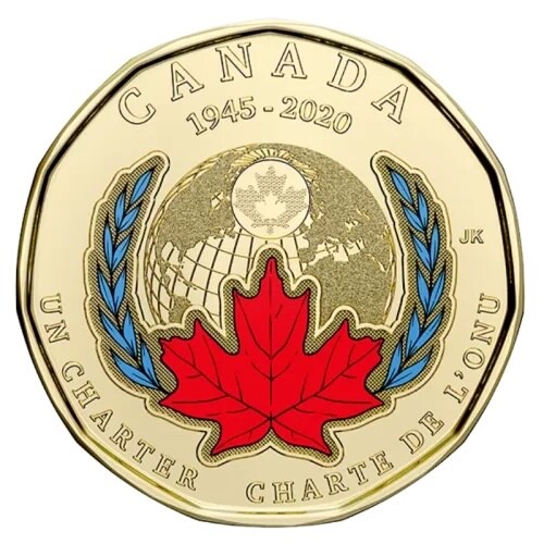 2020 Canada UN Charter 75th Anniversary $1 Colourized Loonie - BU