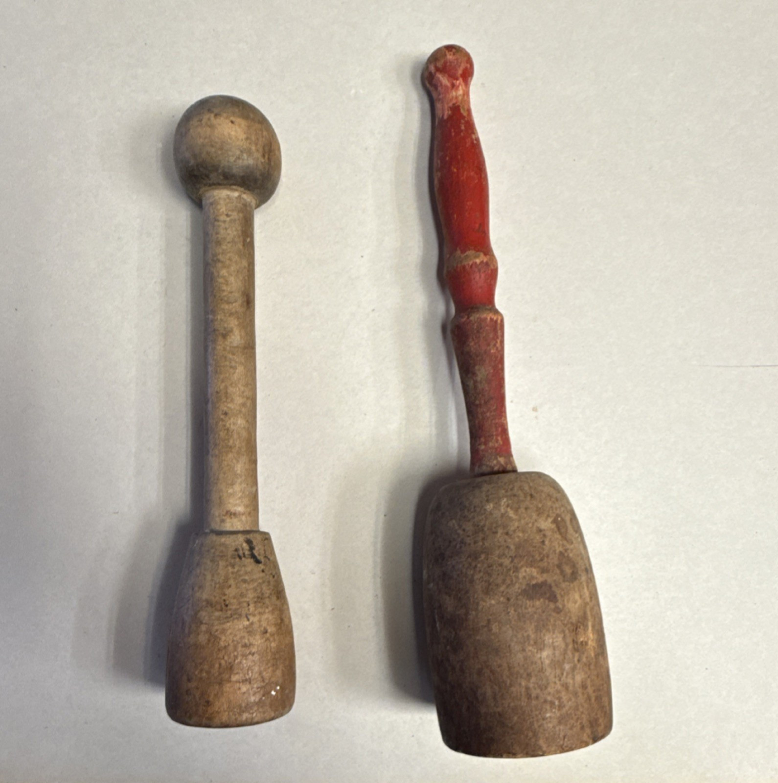 Vintage Wooden Mallet/Masher Set of 2, One with Red Handle, Collectible Tools