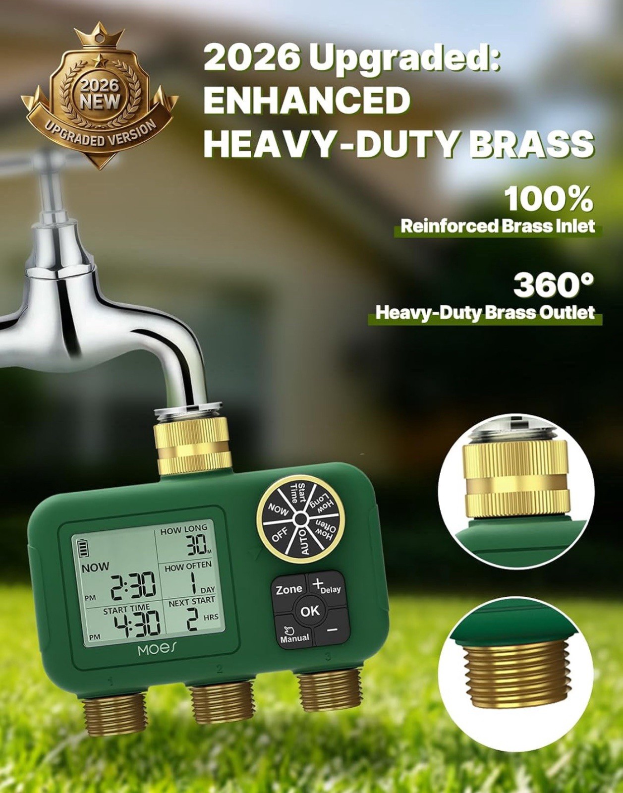 3 Zone Garden Hose Water Timer Heavy Duty Solid Brass Outlet Automatic Sprinkler