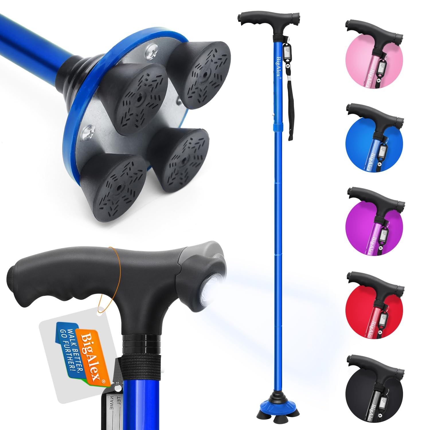 Folding Walking Cane with LED Light,Pivoting Quad Base,Adjustable Walking Sti...