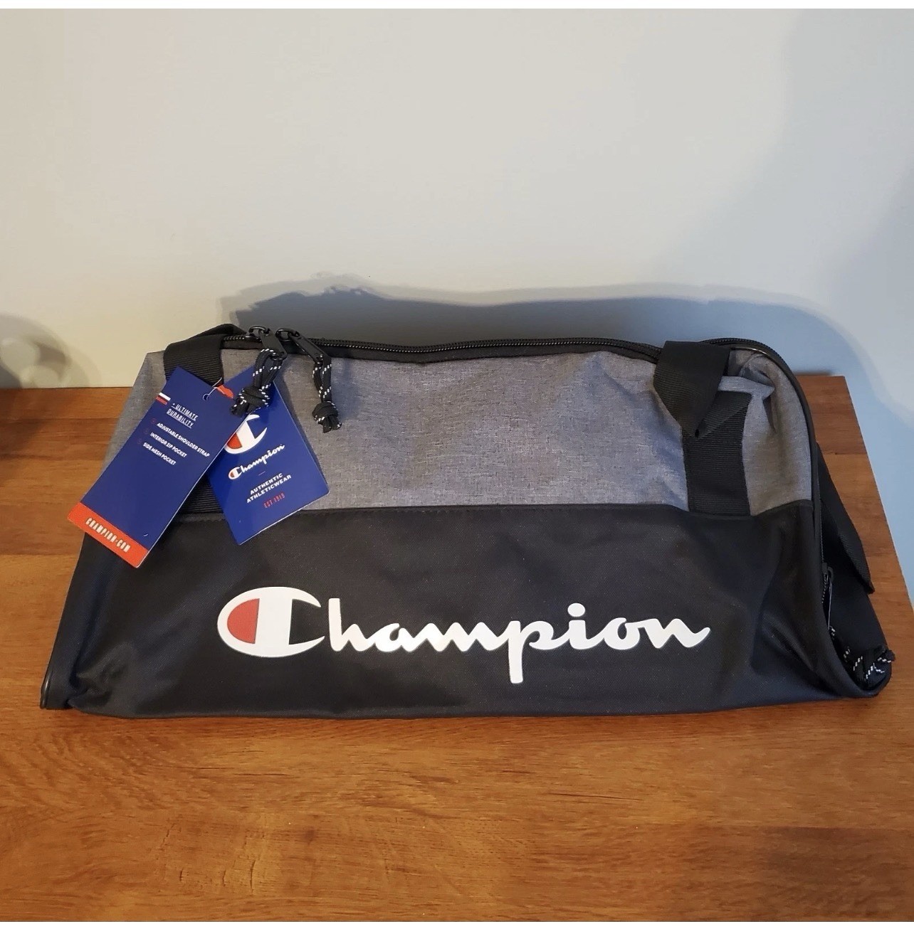 Champion Logo Gym Duffel Bag 19" x 9.5" x 9.5" Gray/Black Brand New