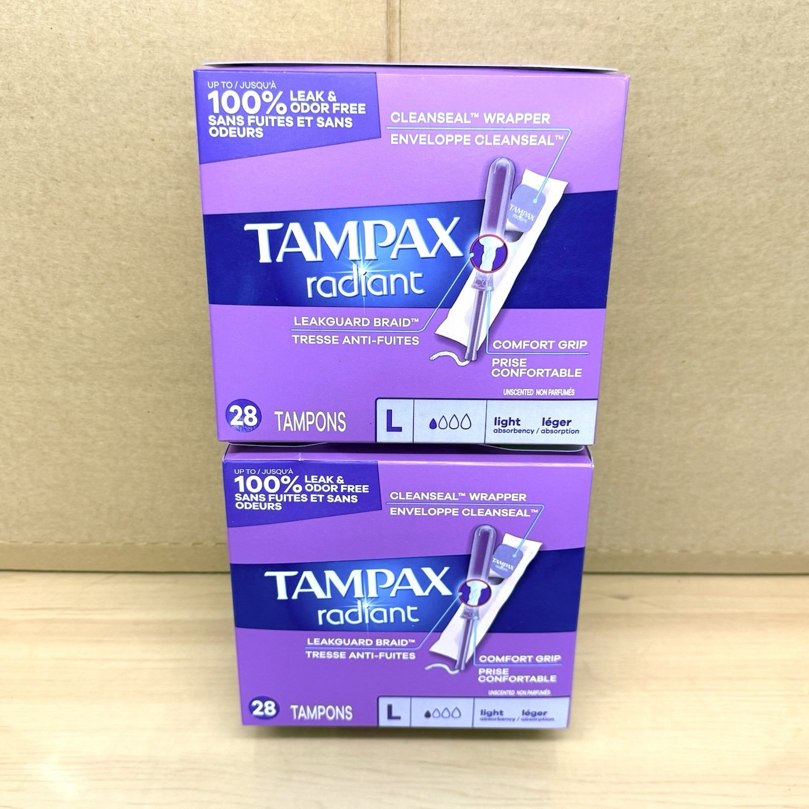 TAMPAX Radiant Tampons Light Absorbency with Leak Guard Braid 59 Total