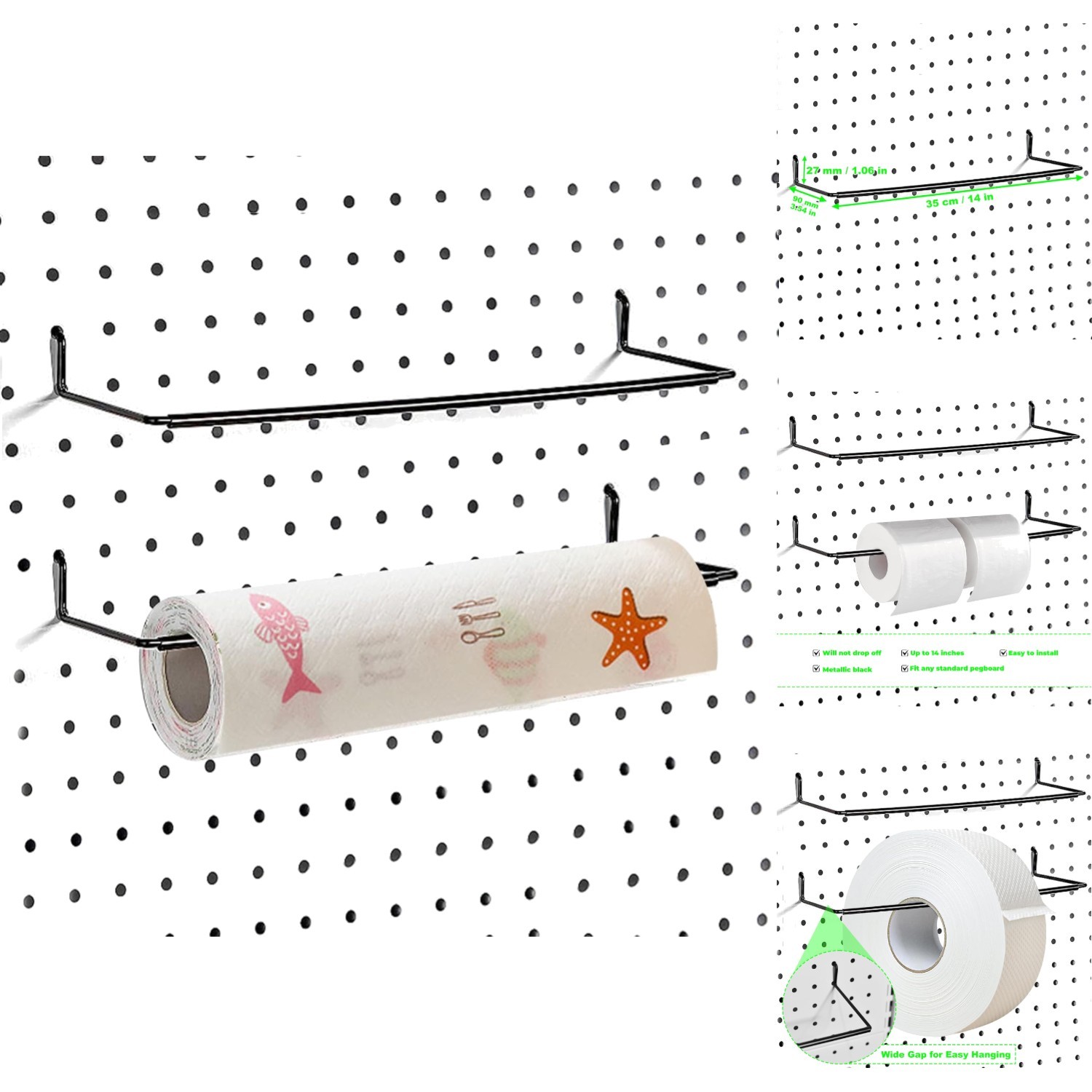 2 Pack Pegboard Paper Towel Holder Extendable Roller Hook for Garage & Workshop