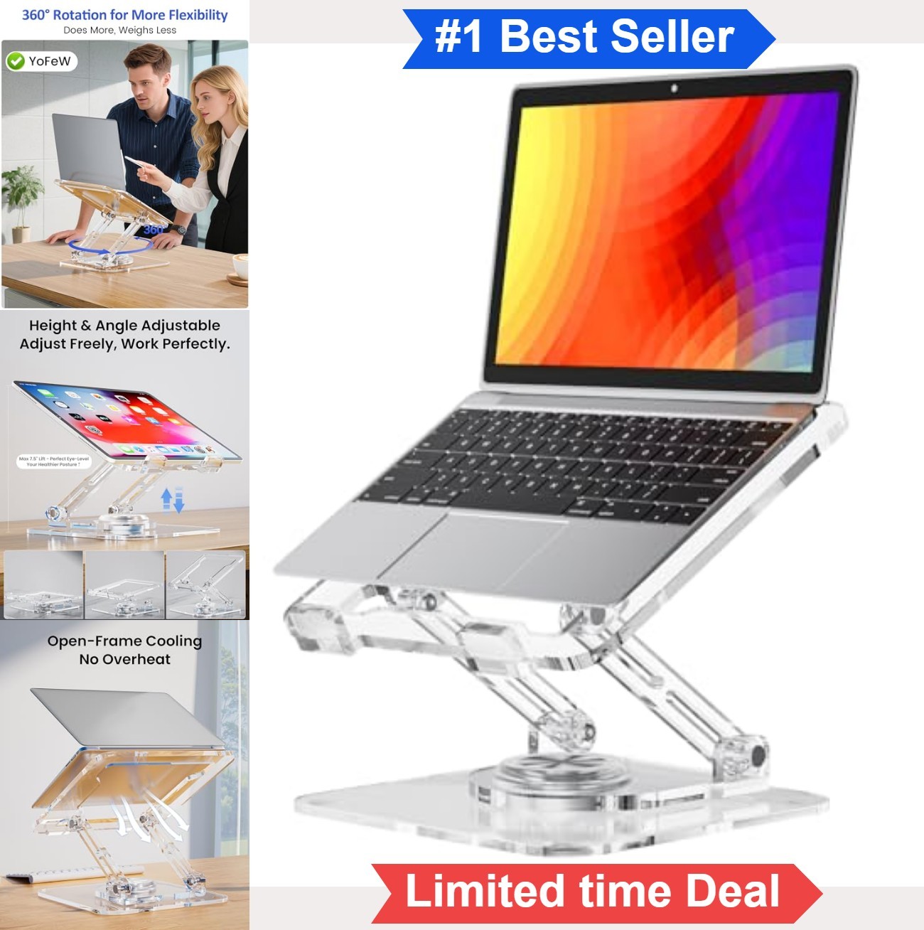 Laptop Stand Clear Acrylic 360 Rotating Adjustable Foldable Desk Riser for