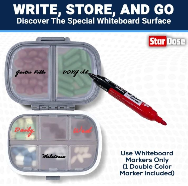 NEW 2 PACK SET! Travel Pill Organizers with Marker, 2 Gray Medicine Holder Cases