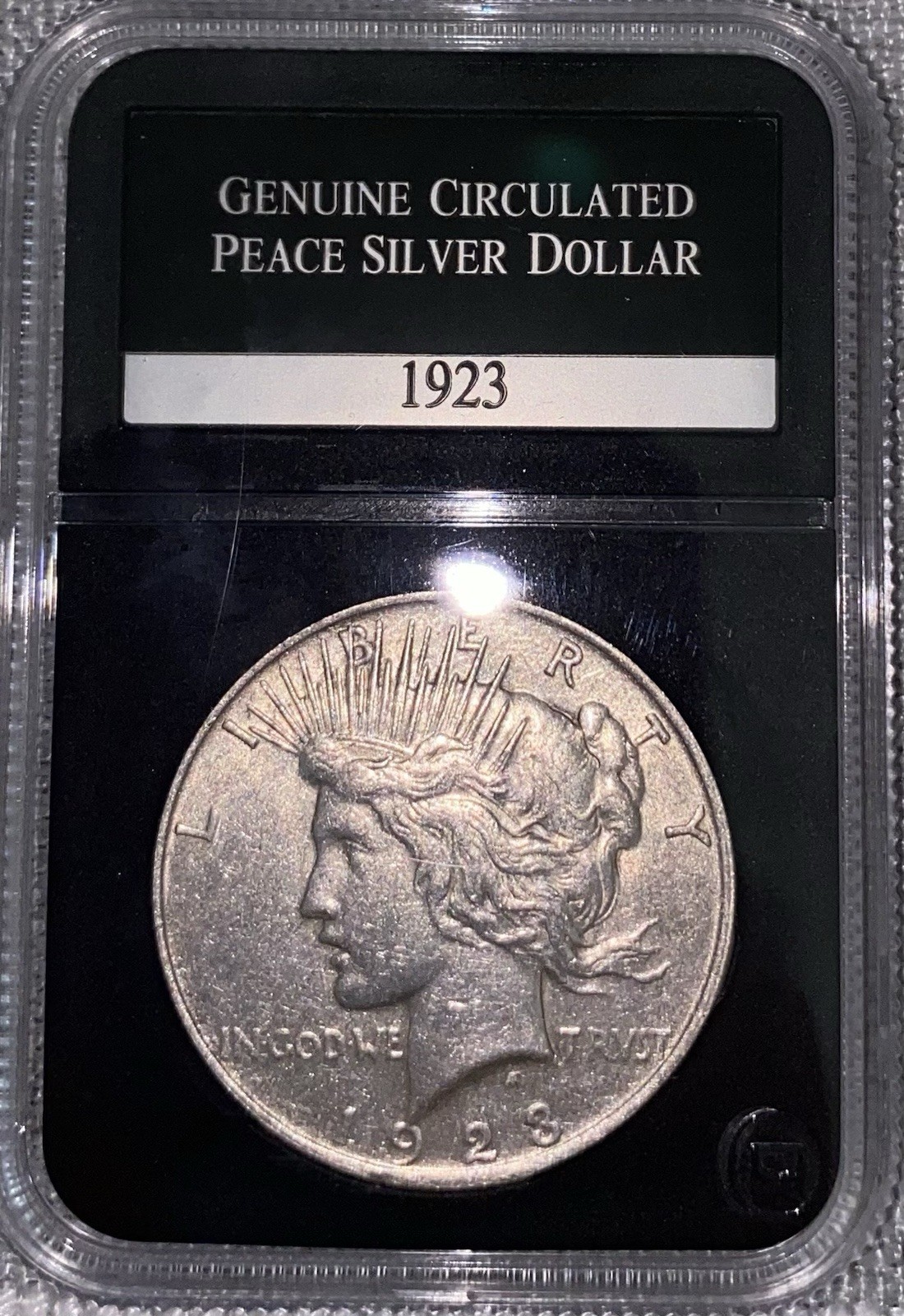 Genuine 1923 US Peace Silver Dollar PCS Black Holder Circulated