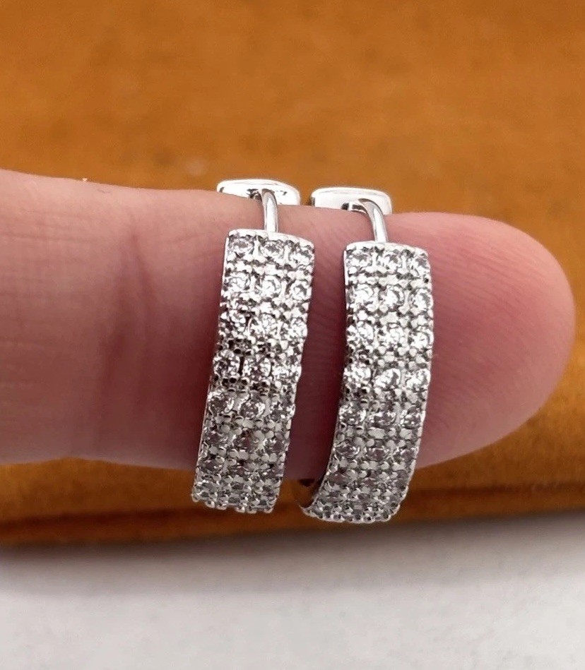 Sterling Silver CZ Huggie Hoop Earrings Pave Cubic Zirconia Crystal 925 Hoops
