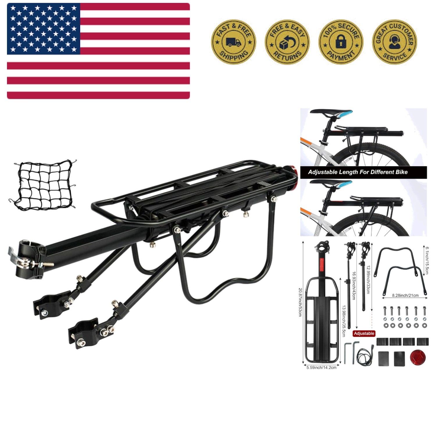 Rear Bike Rack Bicycle Cargo Rack Quick Release Adjustable Alloy Bicycle Carr...