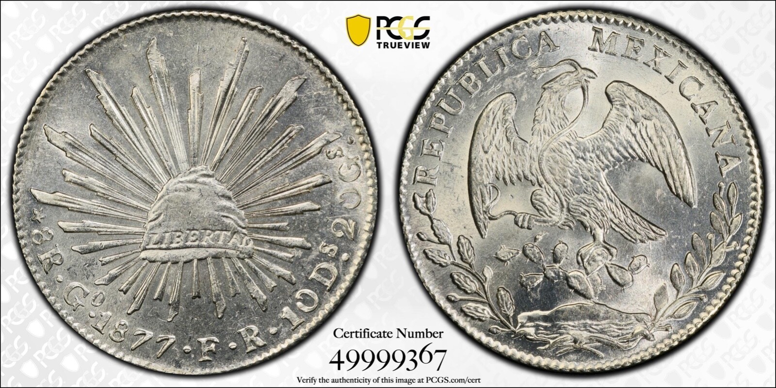 MEXICO GUANAJUATO  1877-GoFR  8 REALES UNCIRCULATED COIN, PCGS CERTIFIED MS62