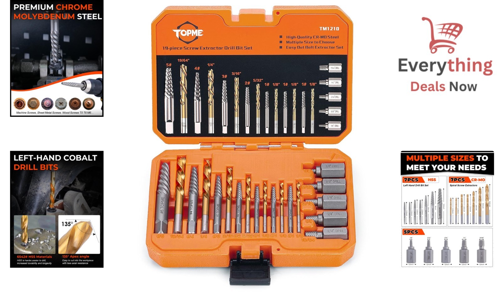 19pc Screw Extractor & Left Hand Drill Bit Set Damaged Bolt Easy Out Remover Kit