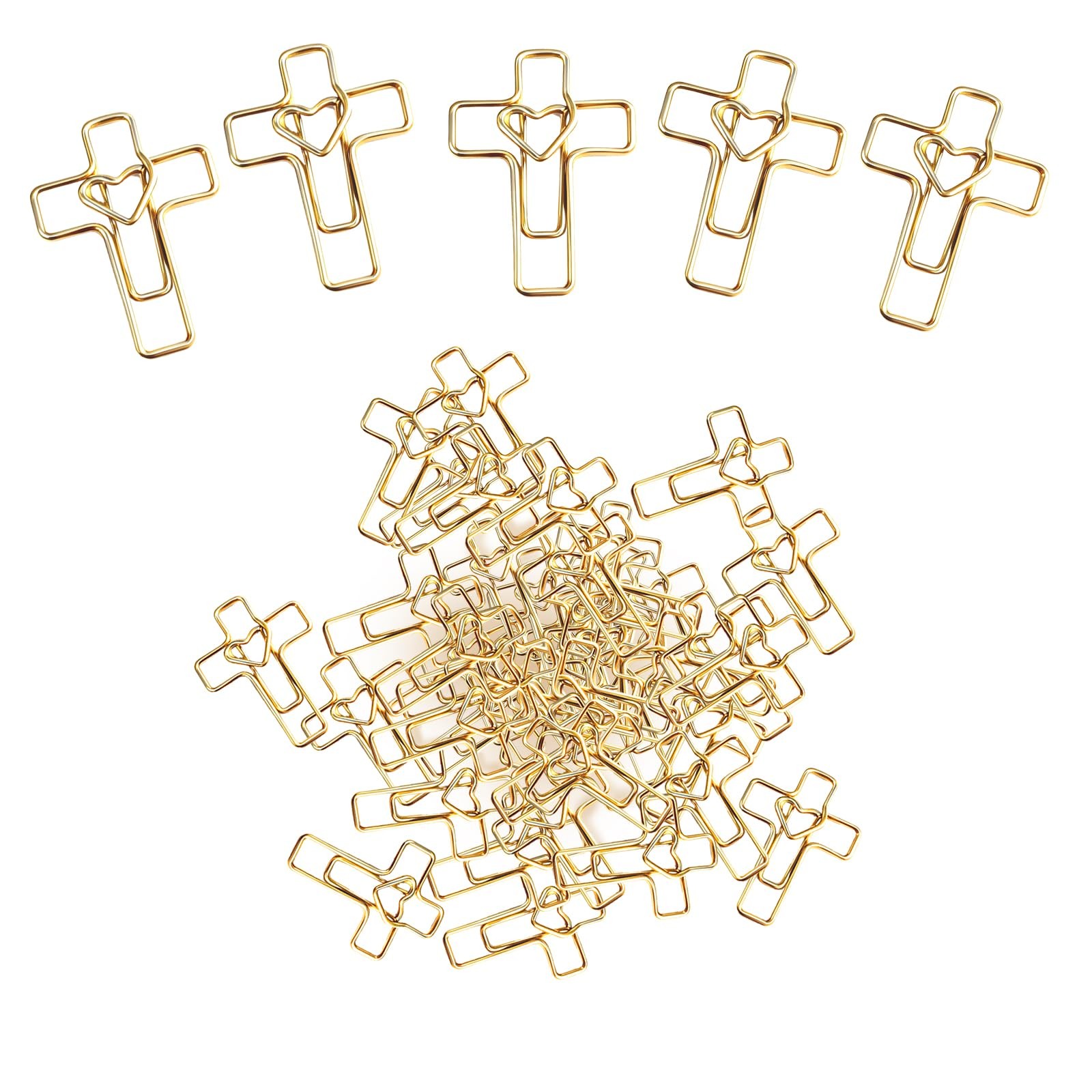 50PCS Gold Heart Cross Paper Clips, Bible Study Supplies, 1.3 inches,