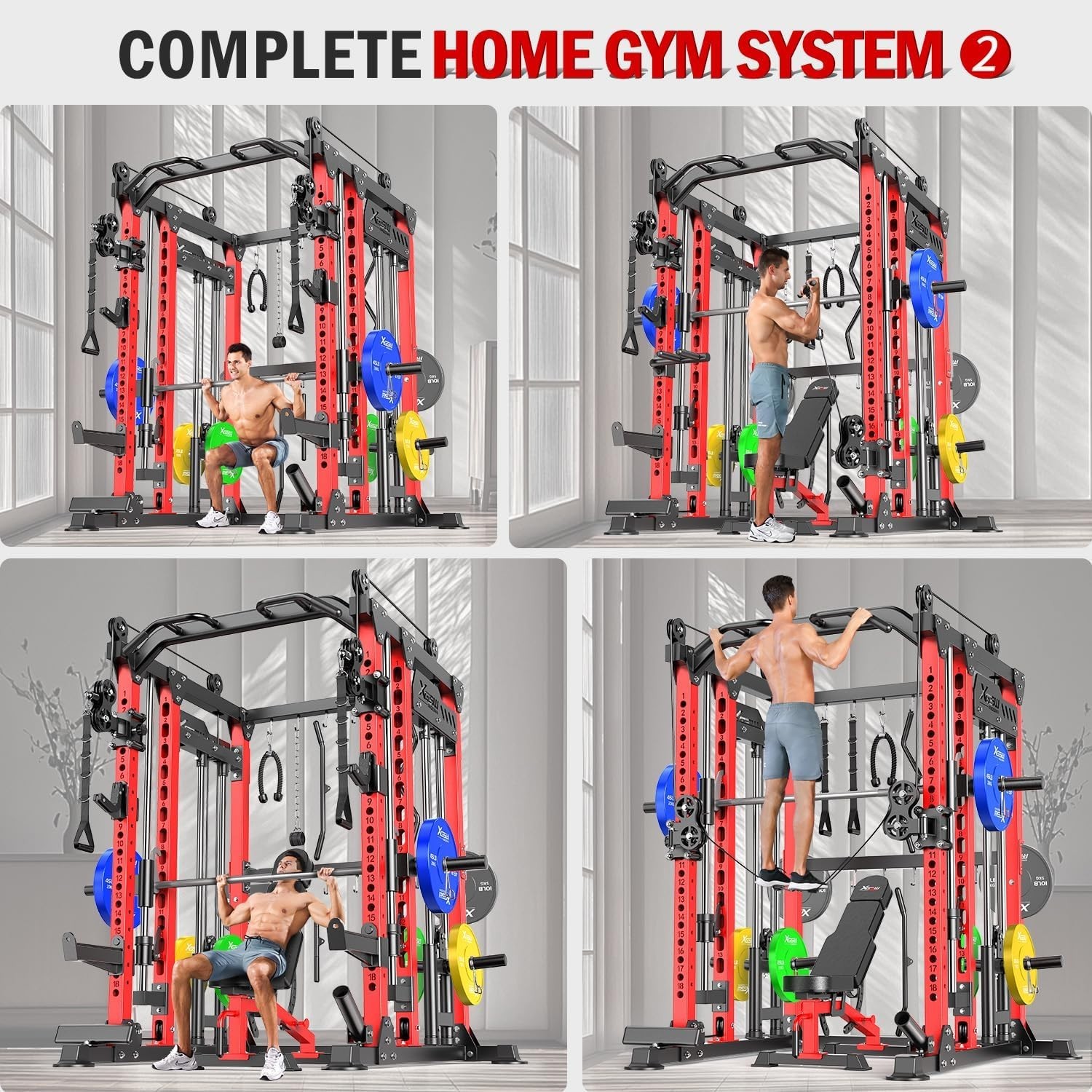 Smith Machine with Cable Crossover System, Multi-Function Power Cage Squat Rack