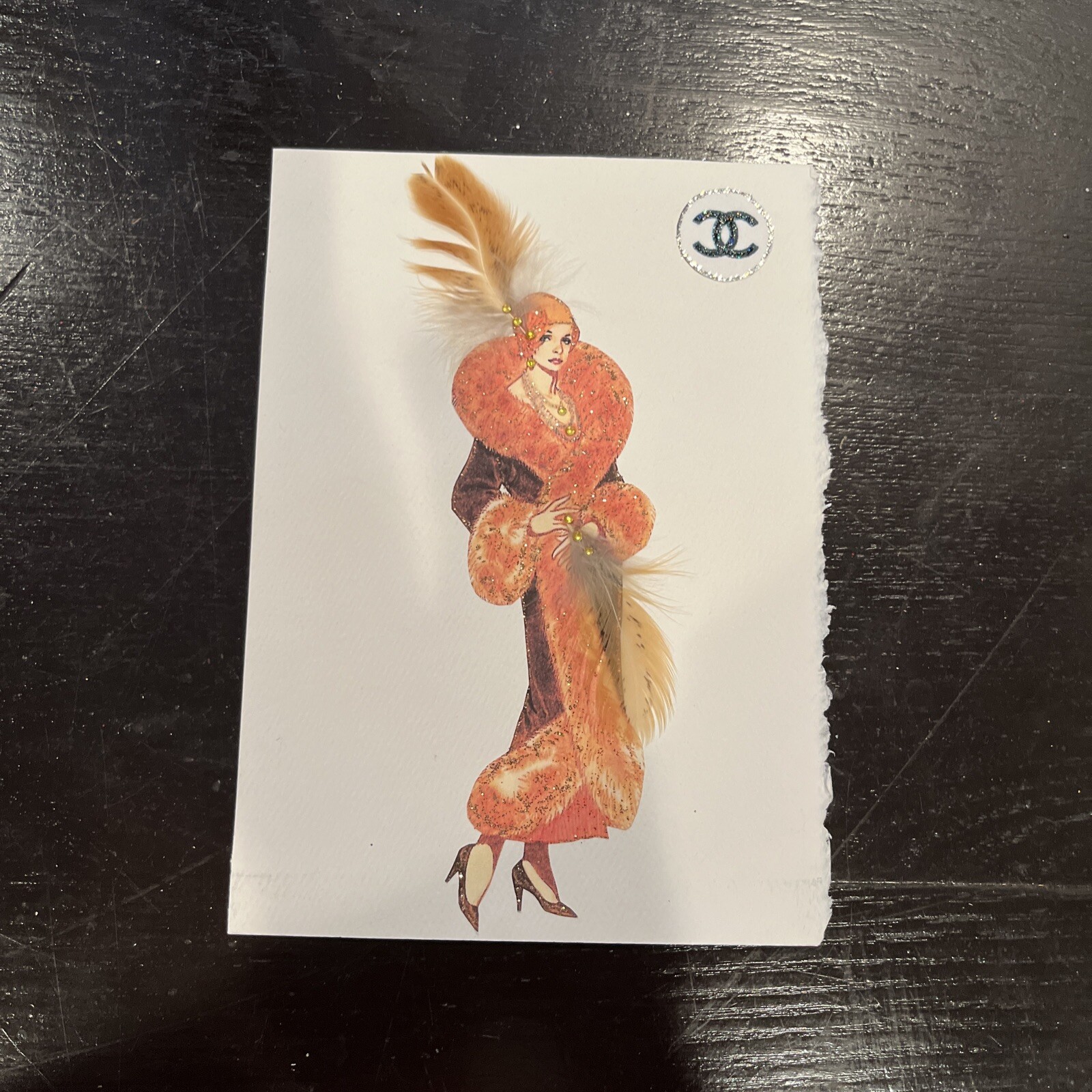 Coco Chanel fashion Card - glitter, feathers, with quote on back.