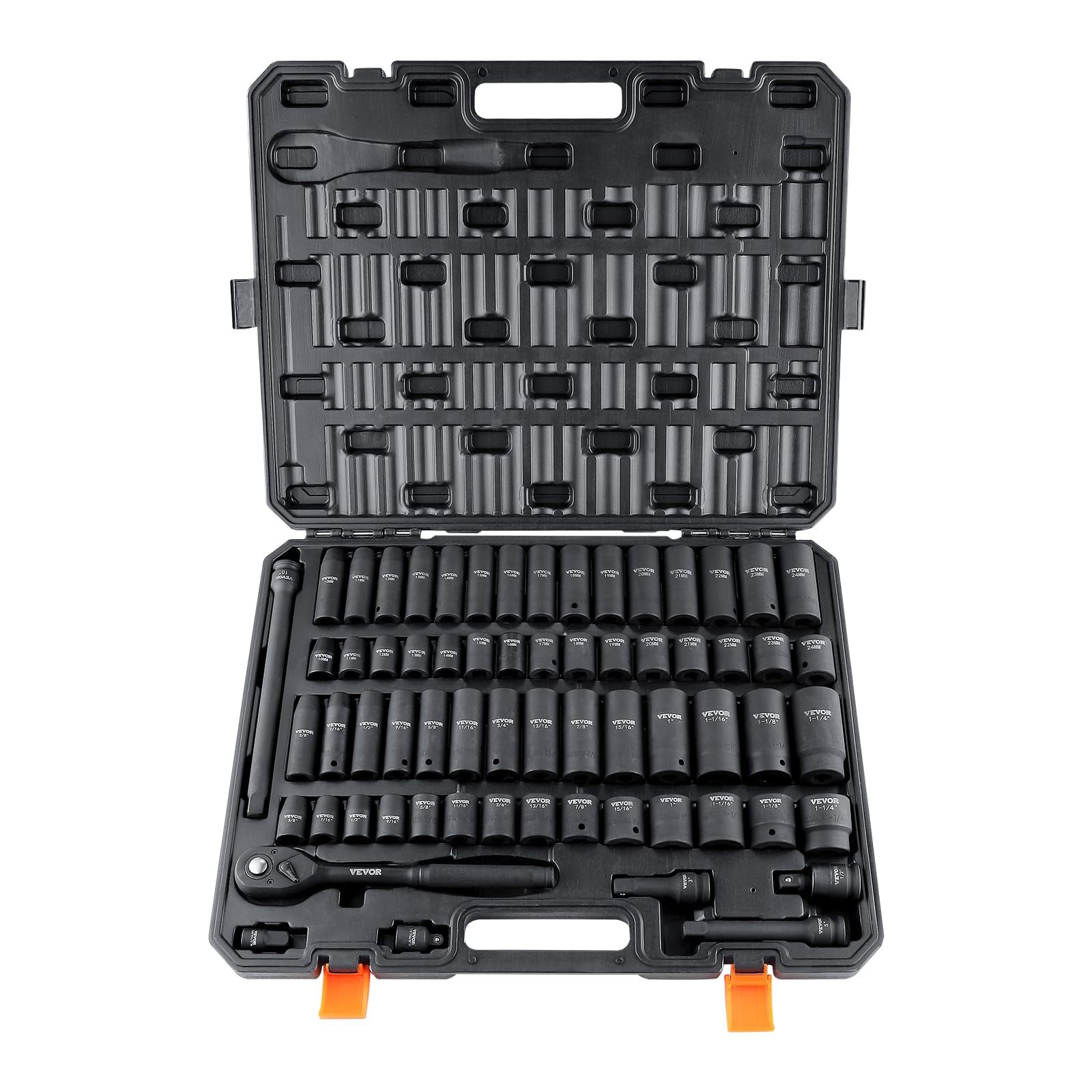 1/2" Drive Impact Socket Set, 65 Piece SAE Deep&Shallow, Black