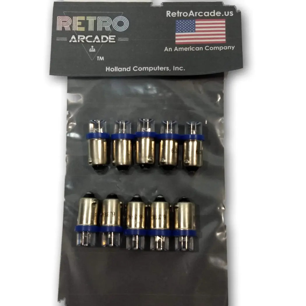 10 Pack, Blue Pinball 6.3 Volt LED Round Bulb 44/47 Bayonet Base BA9S ConcaveTop