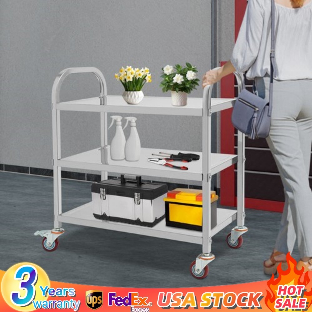 3-Tier Kitchen Trolley Cart Utility Serving Rolling Shelf Stainless Steel 250lbs