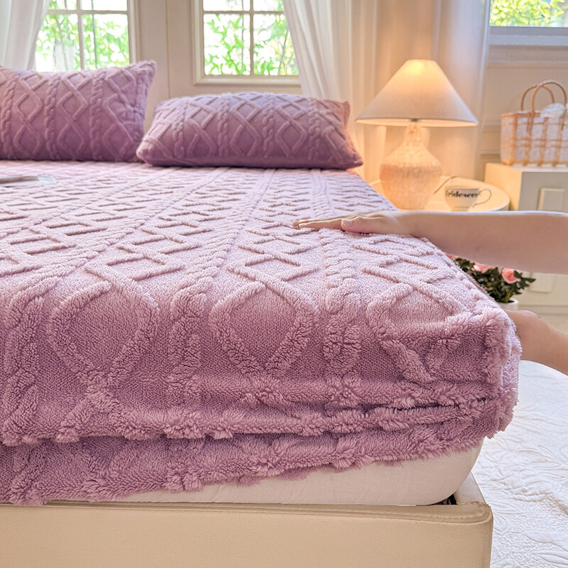 Purple Thick Coral Fleece Fluffy Fitted Bed Sheets Winter Warm Mattress Cover