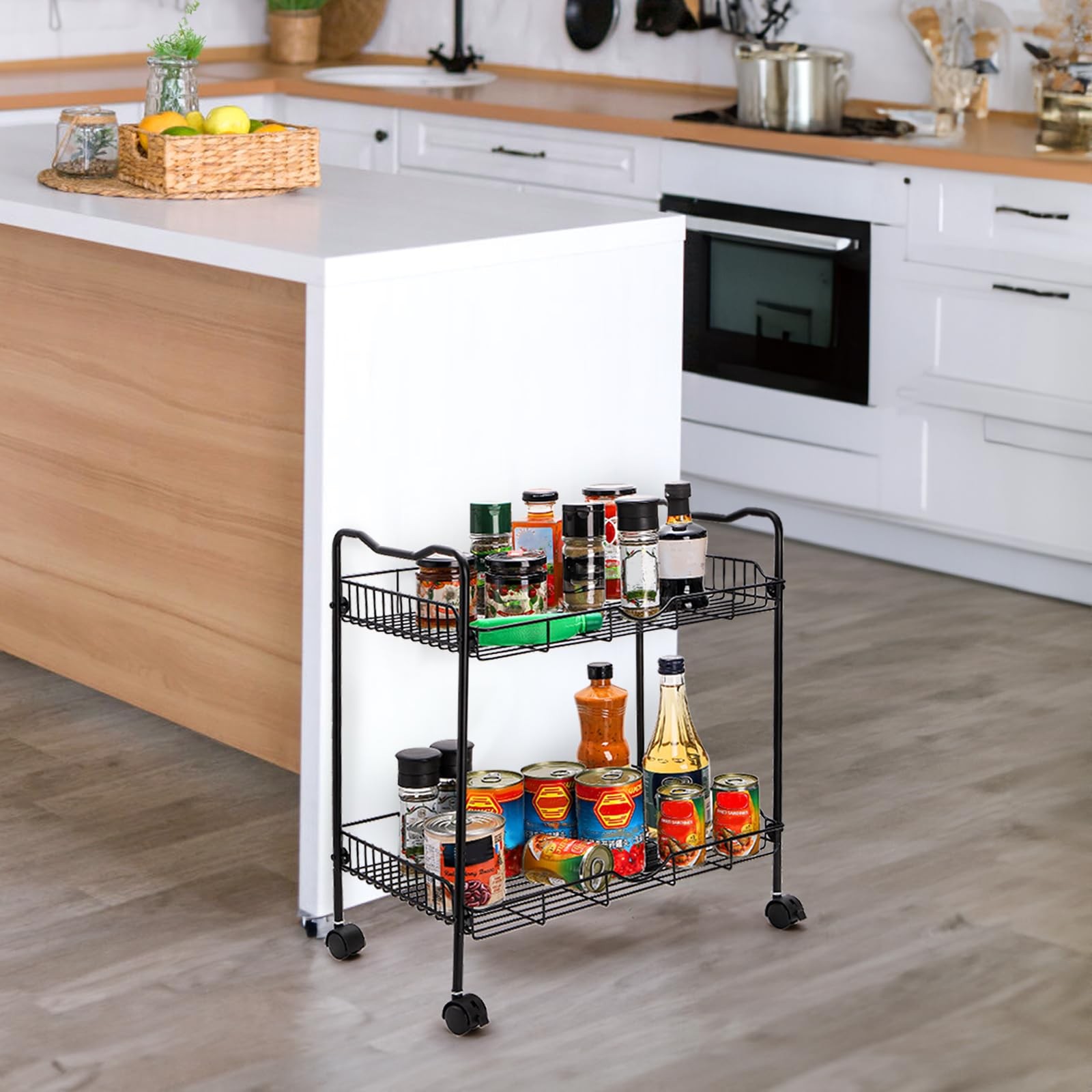 Rolling Utility Cart for Small Space, 2 Tier Rolling Cart with Locking Wheels...