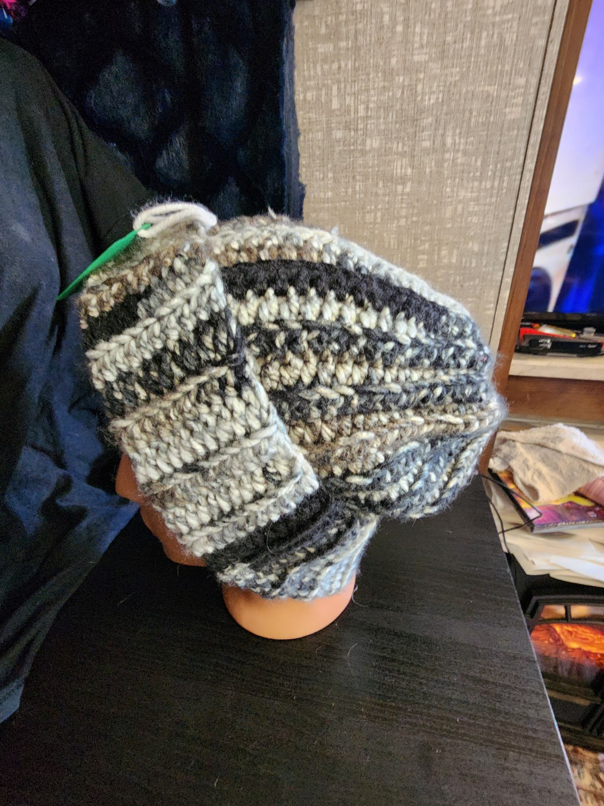 Crocheted Blacks And Grays Super Chunky Long Scarf With Ribbed Beanie Hat Set