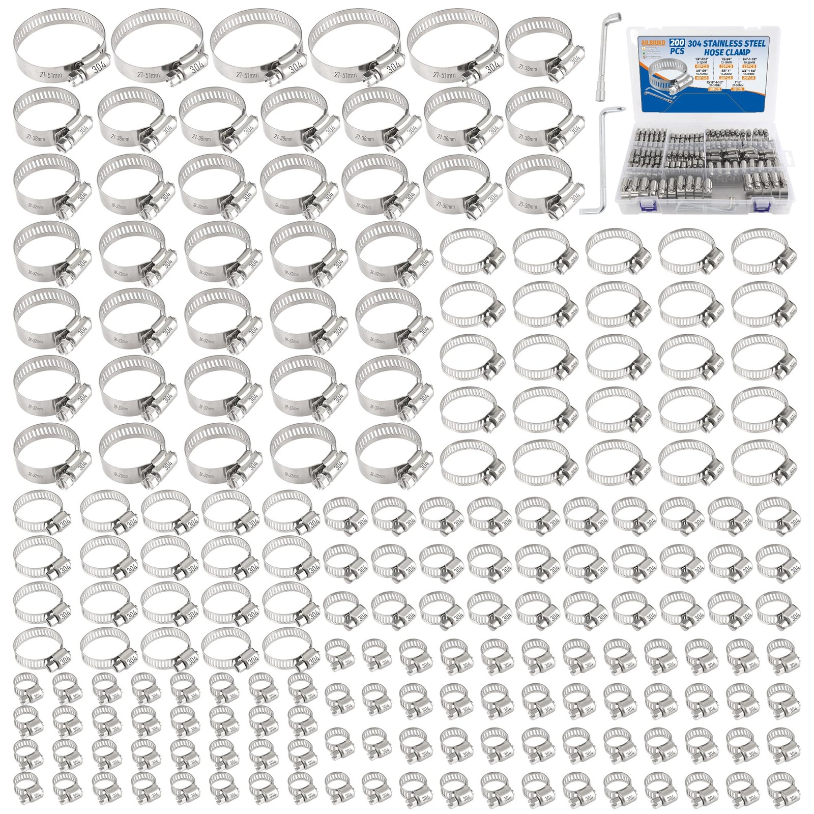 200 PCS Hose Clamp Assortment Kit 304 Stainless Steel Hose Clamps Adjustable ...