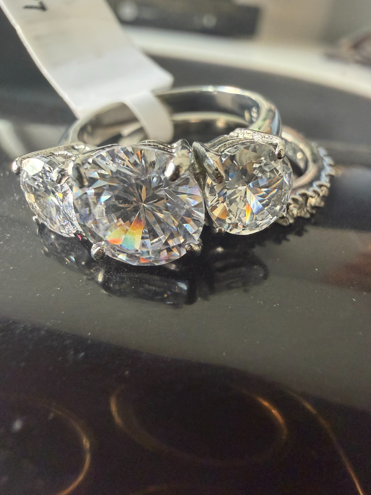 Engagement Wedding Ring Set Three Stone CZ Cubic Zirconia Silver Stainless Steel