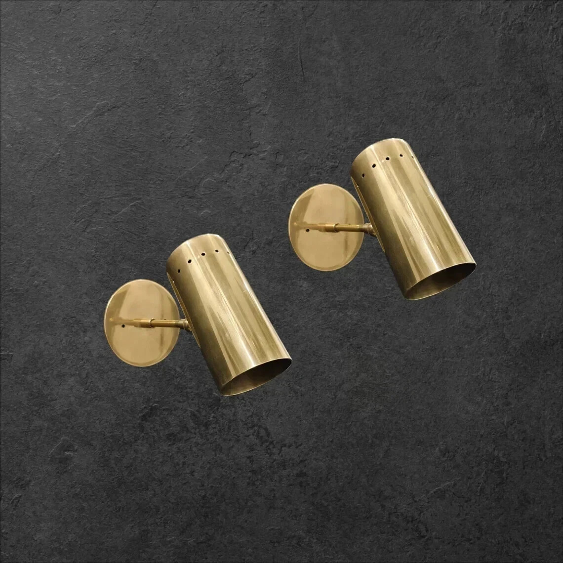 Mid Century Modern Pair Raw Brass Cylinder Wall Sconce Italian Sputnik Light