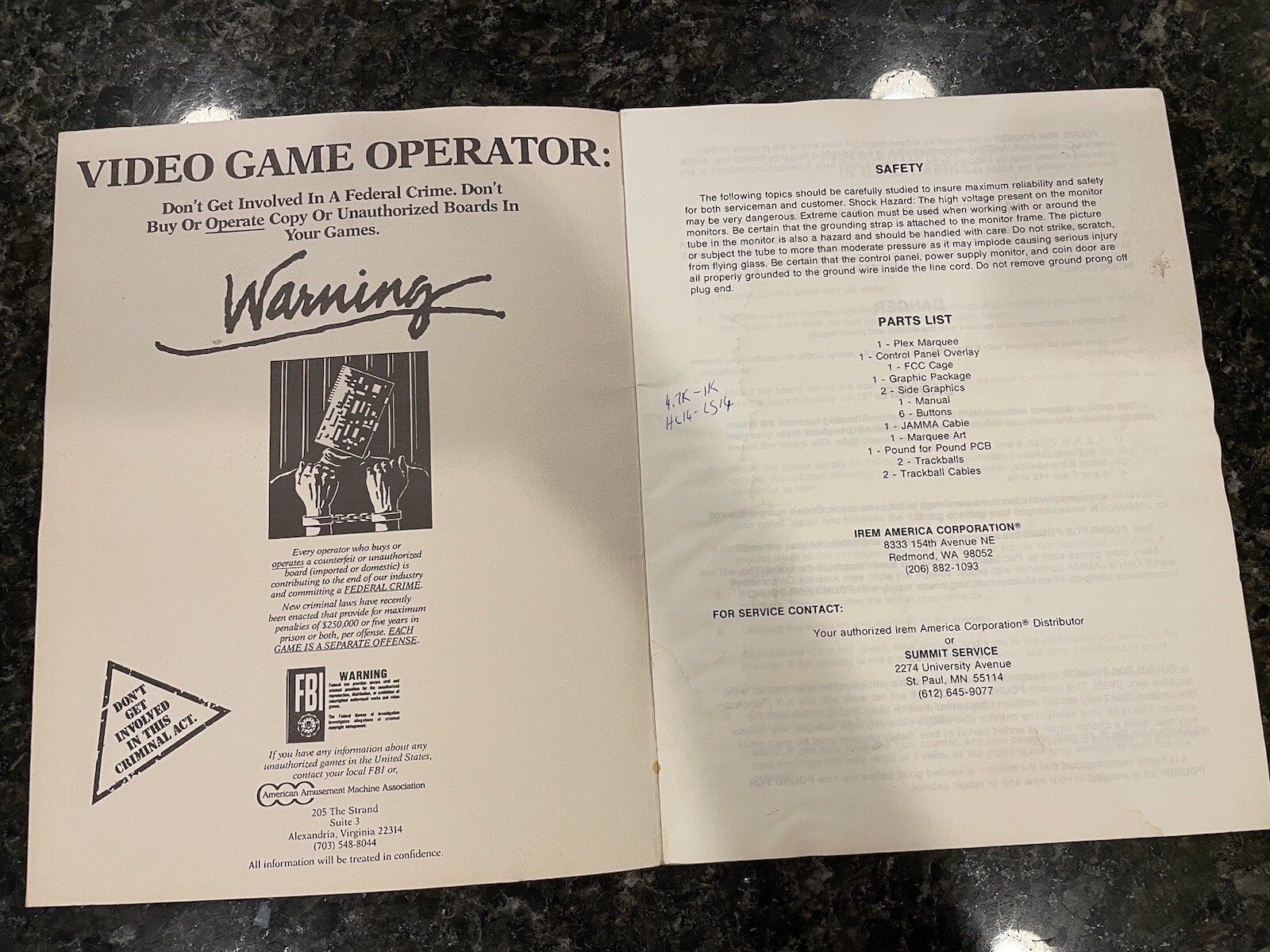 Irem POUND FOR POUND Arcade Video Game Manual