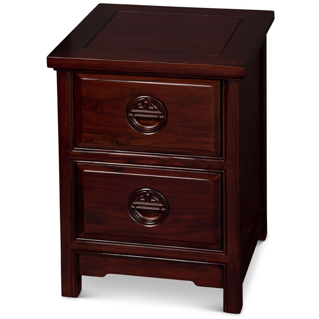US SELLER - Petite Oriental Elmwood Nightstand Dark Cherry with Longevity Motif