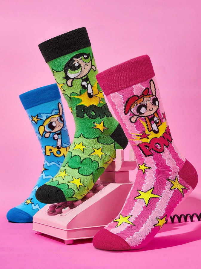 Powerpuff Girls Women's Kawaii Cute Buttercup Cartoon Crew Socks - Pack of 3
