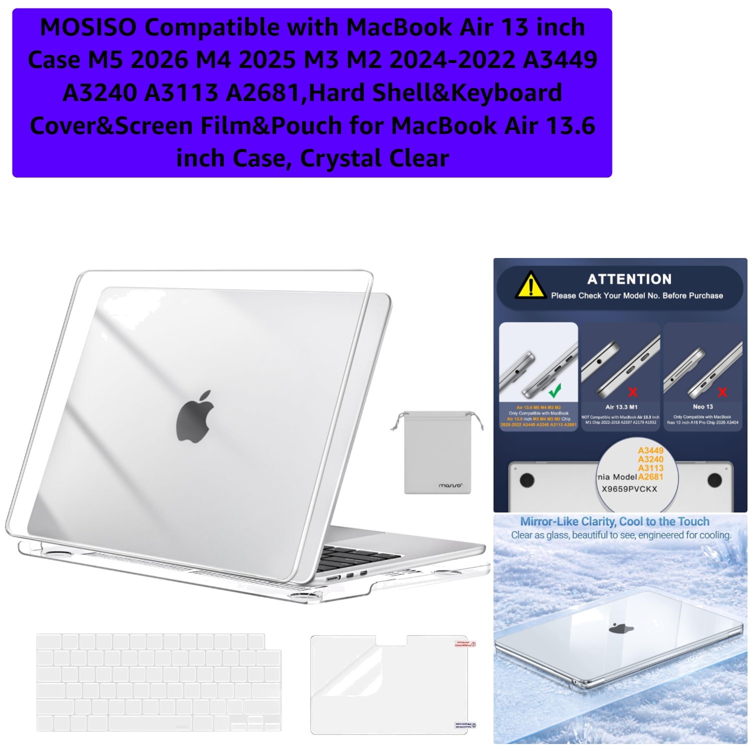 Lightweight MacBook Air 13 Inch Crystal Clear Case with Keyboard Cover & Pouch