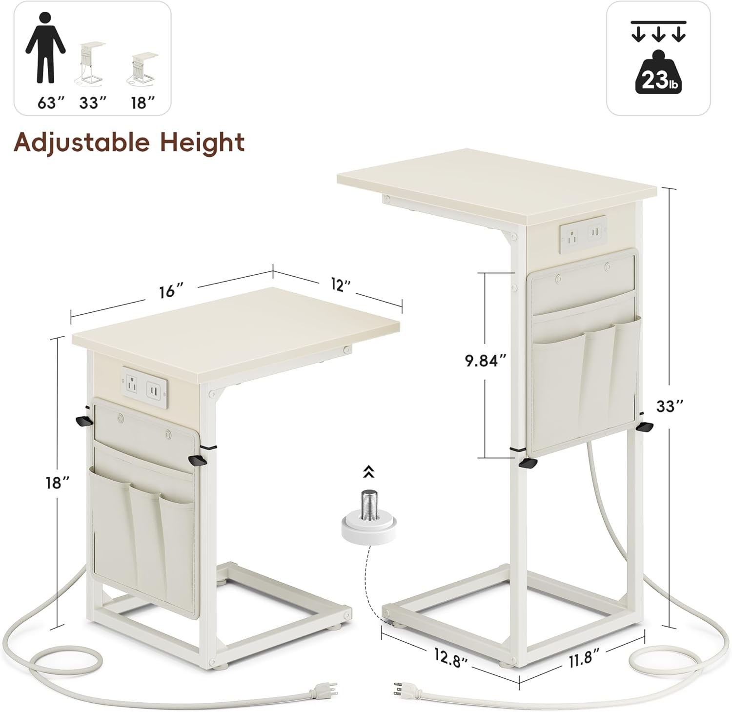 C Shaped End Table W/ Charging Station Adjustable Height Side Table Couch Small