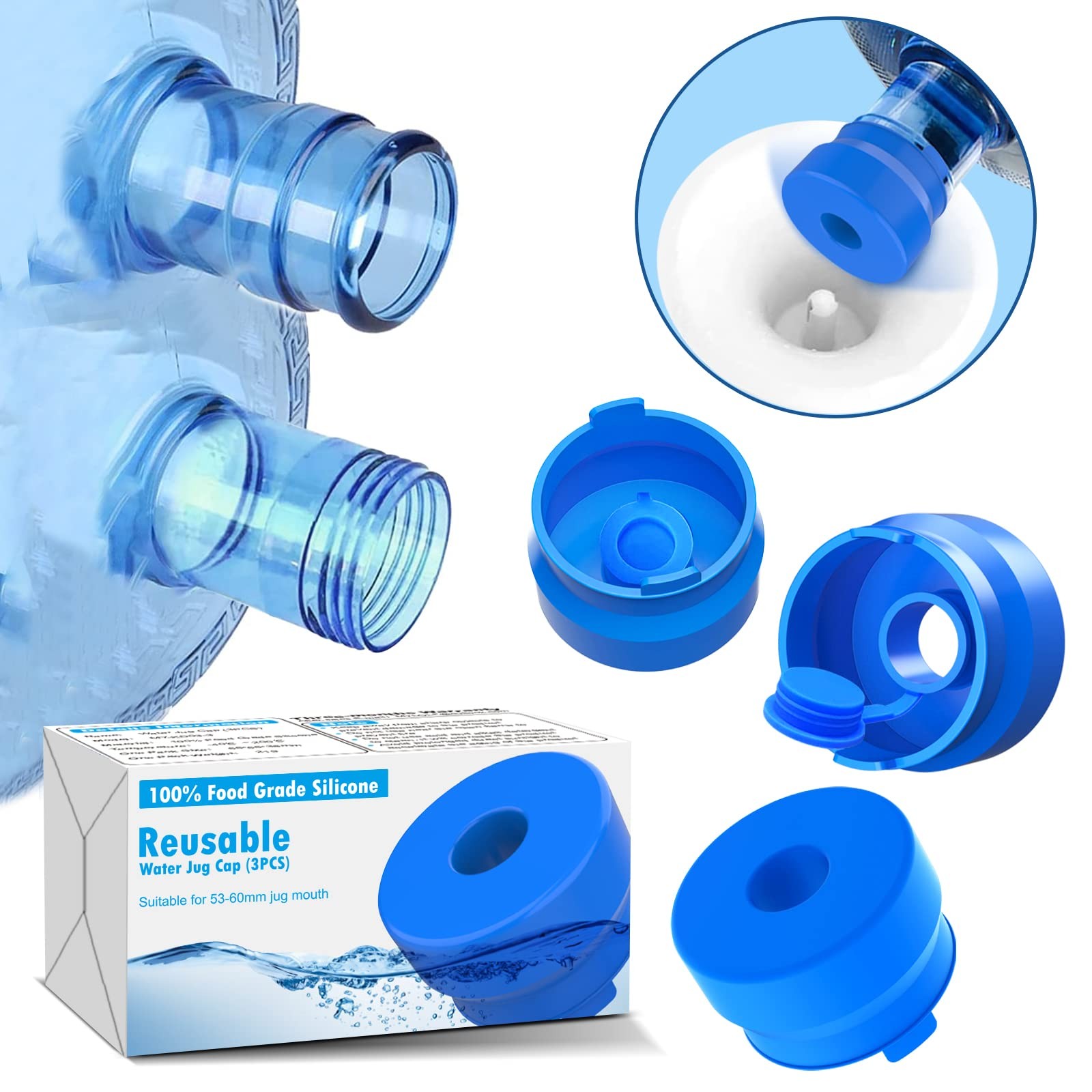 3 & 5 Gallon Water Jug Cap, 3 Pack Reusable Food Grade Silicone Replacement Cap