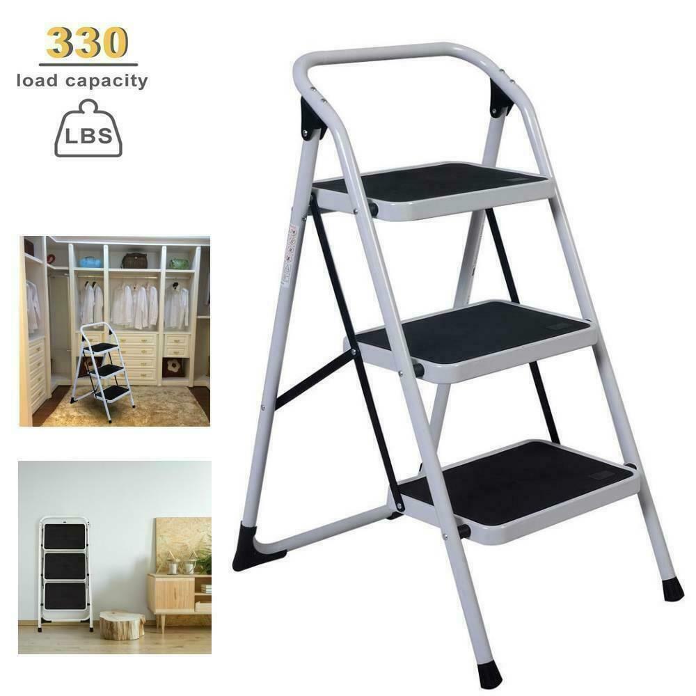 3 Steps Ladder Folding Non Slip Safety Tread Heavy Duty Industrial Home Use