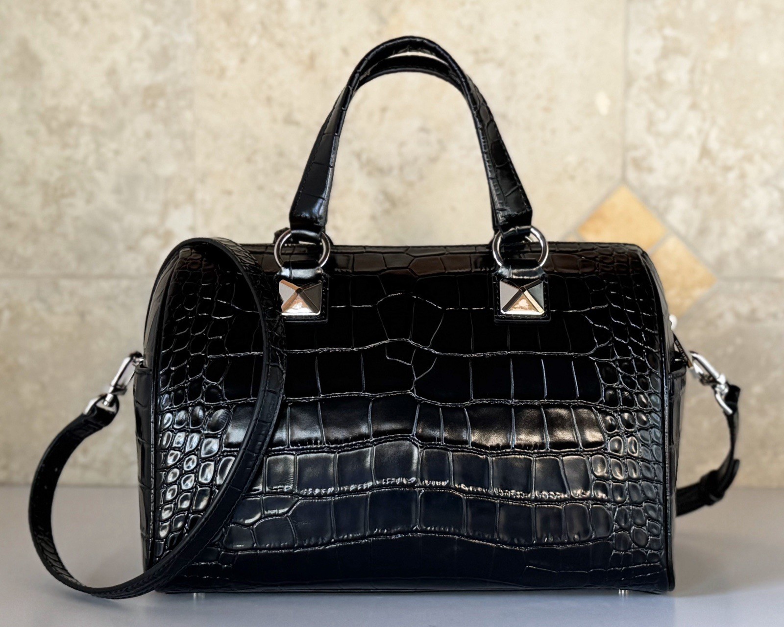 Michael Kors Grayson Medium Satchel Shoulder Exotic Embossed Leather Bag Black