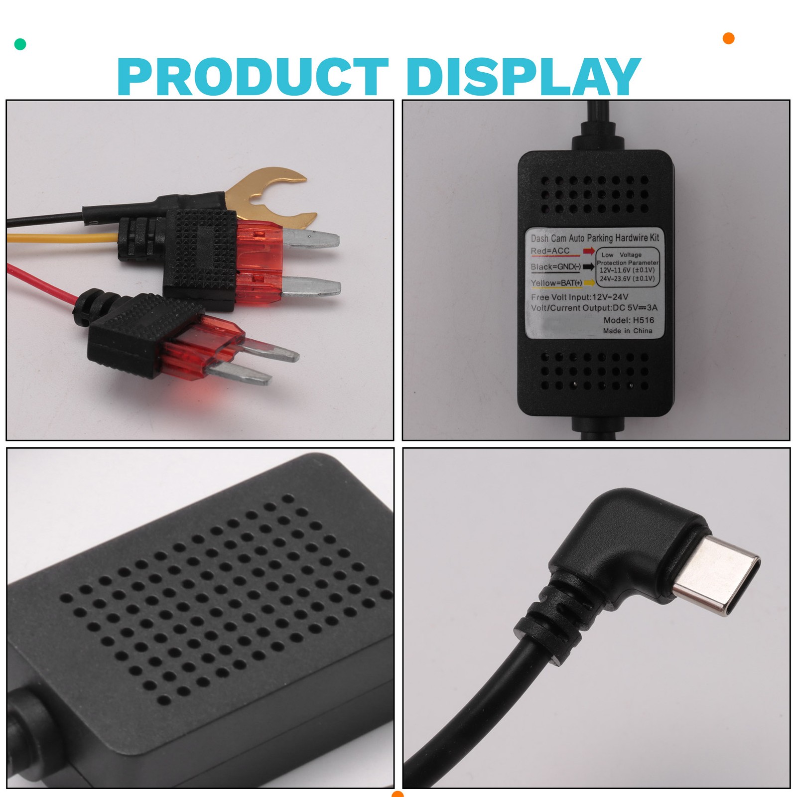 Dash Cam Acc Hardwire Kit, USB Type C Dashcam Kit Step-Down Cable, 12V-24V6977