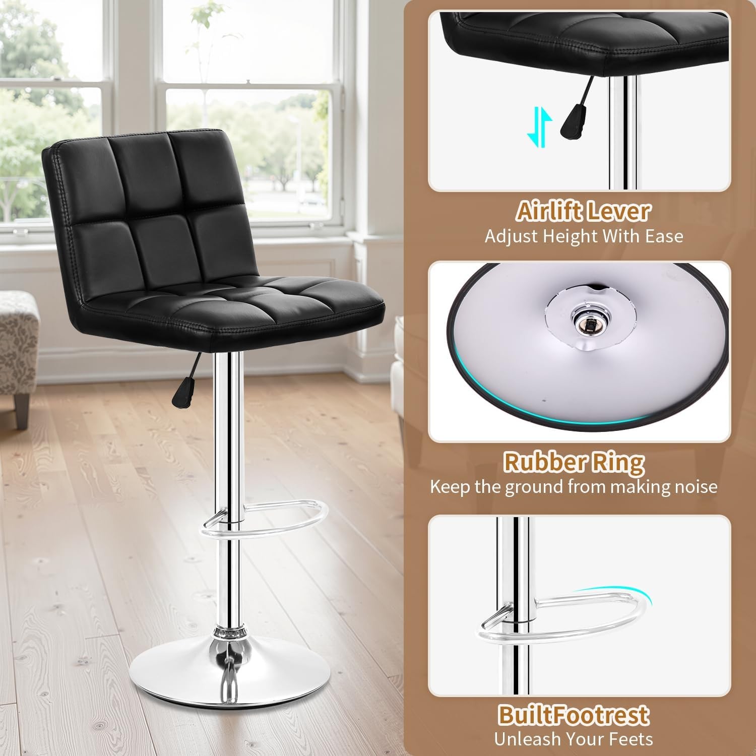 Bar Stools Set of 2, Adjustable PU Leather Swivel Barstools, Modern Counter Stoo