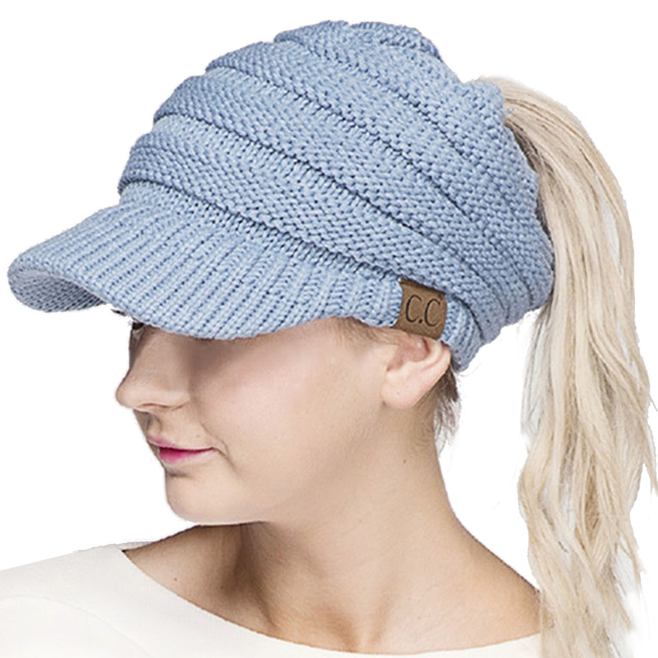 C.C Women Brim Ponytail Messy Bun Solid Ribbed Knit Beanie Hat Sun Cap