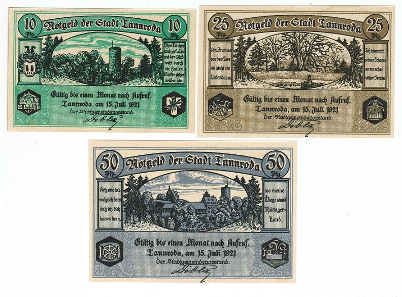 SET OF 3 GERMANY NOTGELD 10.25.50 PFENNIG STADT-TANNRODA 1921 UNC