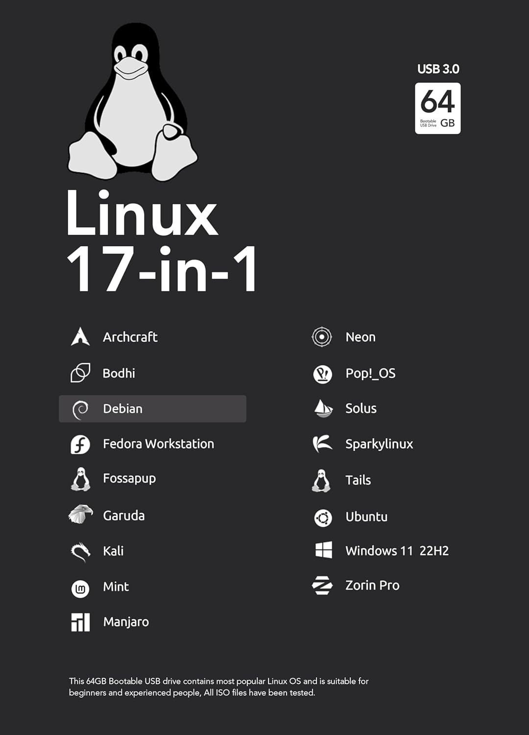 64GB - 17-in-1, Bootable USB Drive 3.2 for Linux & Windows 11, Zorin | Mint | Ka