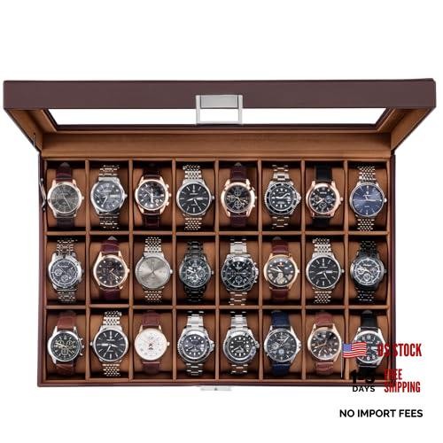 Men's Watch Box - 24 Slot Display Case - Real Glass Lid - Dark Brown
